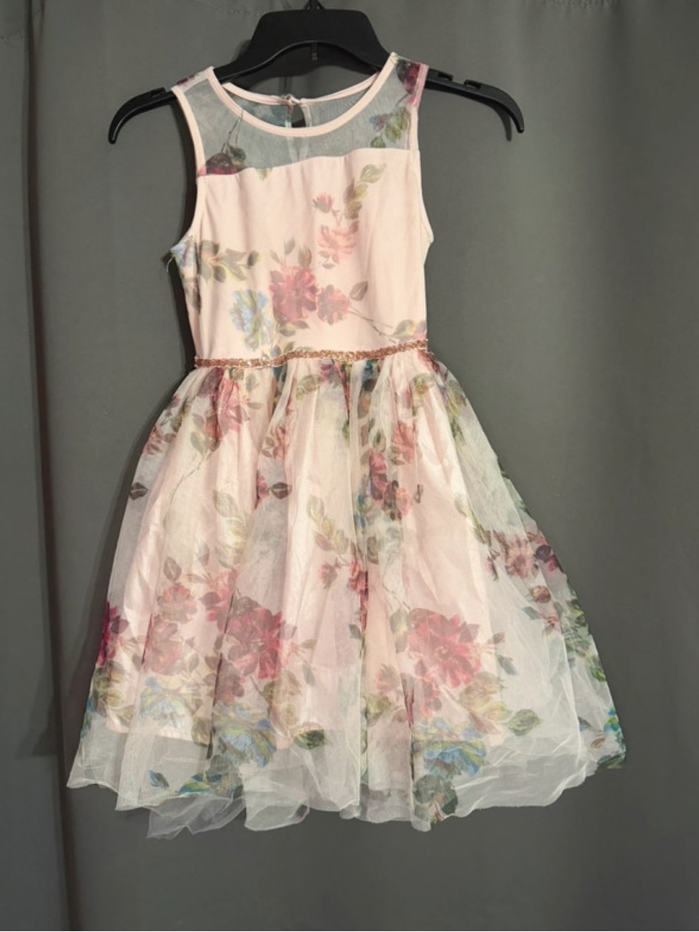 lilt Pink Floral Tulle Dress with Sheer Yoke